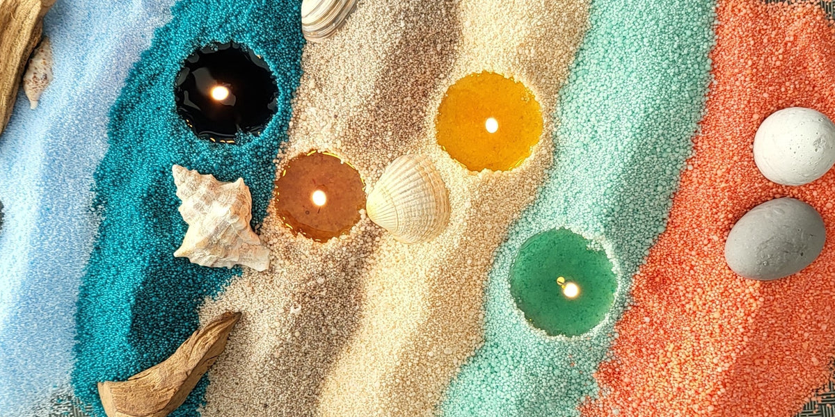 Kerzensand - von links nach rechts - hellblau, ozean, beach, beige, mint, dunkles orange-rose